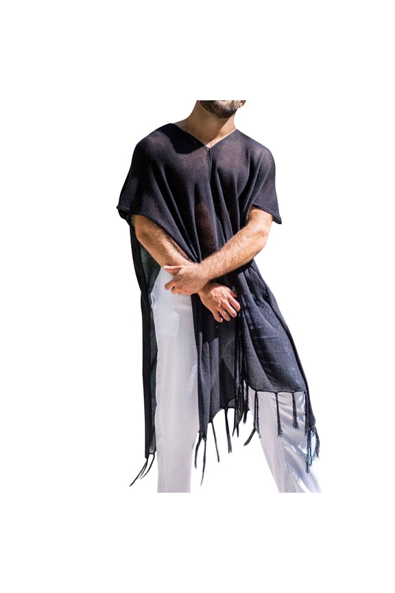 Men's Pull On Side Split Fringe Loose Cardigan Cape Shawl Wrap Beach Coverups Tassel Trim Vacationwear Black L