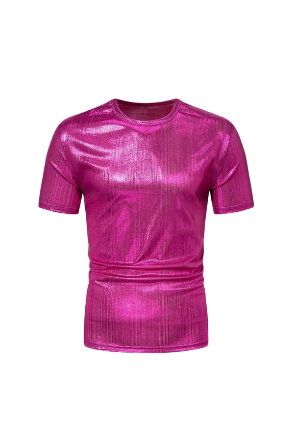 Men's Retro 70s Disco Shiny Sequin T-Shirts Slim Fit Round Collar Short Sleeve Pullover Casual Party Prom Costumes Hot Pink XL