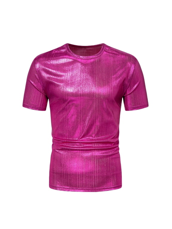 Men's Retro 70s Disco Shiny Sequin T-Shirts Slim Fit Round Collar Short Sleeve Pullover Casual Party Prom Costumes Hot Pink XL