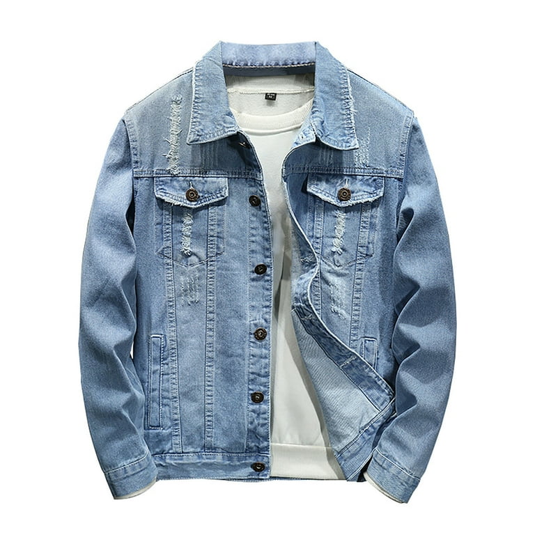 NoxwB Men s Retro Distressed Solid Color Slim Fit Ripped Hole Denim Jacket Trendy Casual Trucker Coat Lapel Button Cardigan Long Sleeve Outerwear with Pockets Light Blue 2XL Walmart