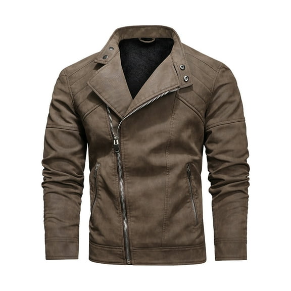 NoxwB Men's Retro Solid Color PU Faux Leather Plus Velvet Jacket Warm Casual Motorcycle Biker Windbreaker Button Stand Collar Irregular Zip Up Long Sleeve Coat with Zipper Pockets Brown M