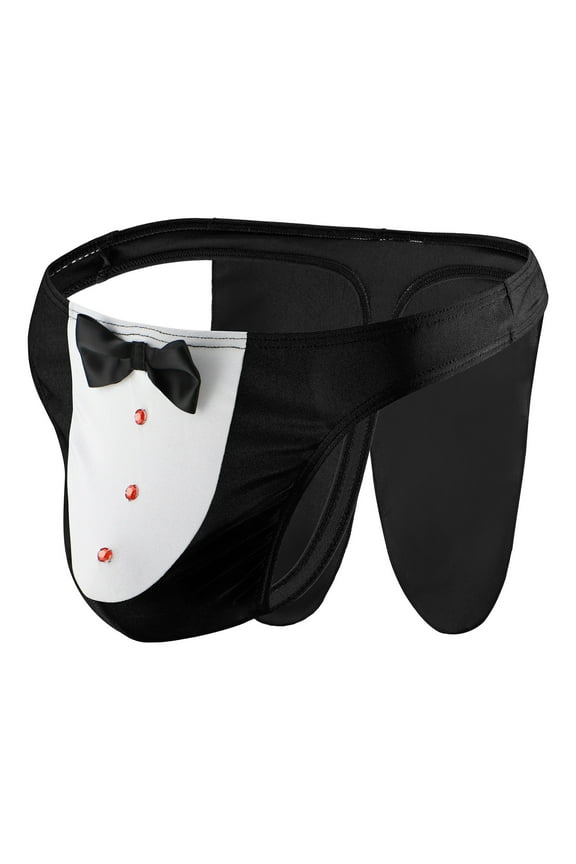 Men's Sexy Thin Bow-Knot Funny Printed Cover Buttocks Lingerie Briefs Low Waist Tuxedo-Pattern Underpants Breathable Comfortable Underwear Black L