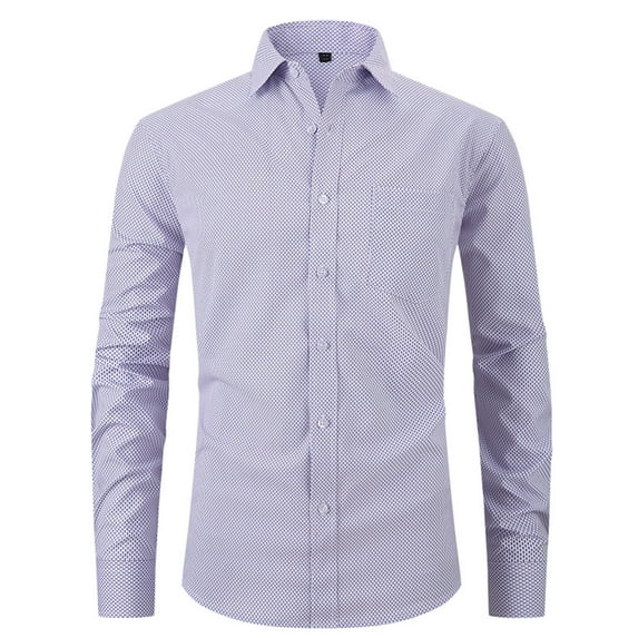 NoxwB Men's Solid Plaid Printed Classic Dress Shirts Turndown Collar Button Down Long Sleeve Chest Pocket Shirts Formal Regular Fit Business Blouse Purple XXL