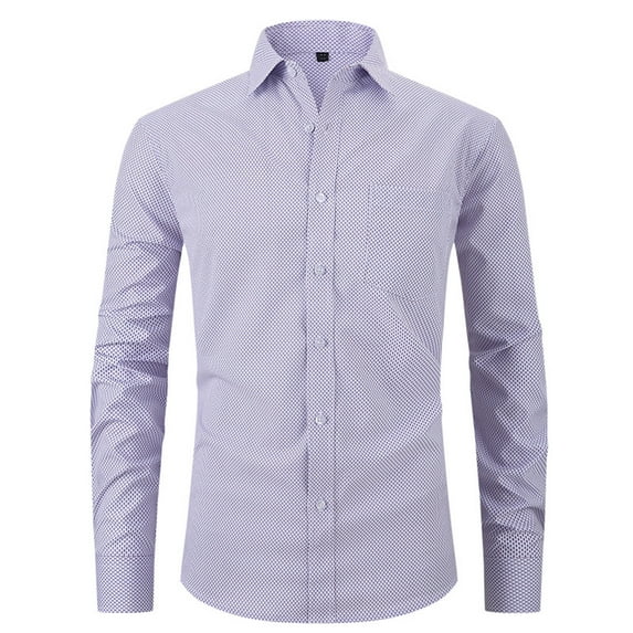 NoxwB Men's Solid Plaid Printed Classic Dress Shirts Turndown Collar Button Down Long Sleeve Chest Pocket Shirts Formal Regular Fit Business Blouse Purple XL