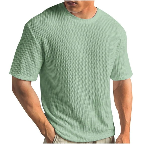 NoxwB Men's Summer Waffle Tee Slim Fit Short Sleeve Crew Neck Knit T-Shirt Soft Textured Top Casual Wear Green L