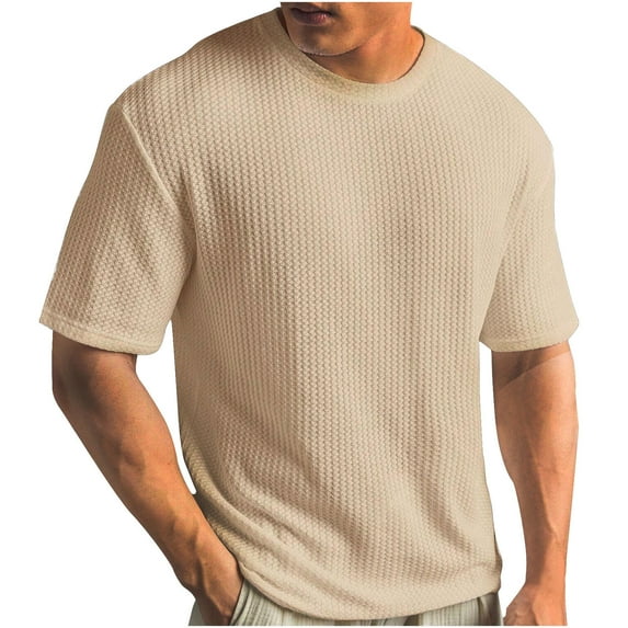 NoxwB Men's Summer Waffle Tee Slim Fit Short Sleeve Crew Neck Knit T-Shirt Soft Textured Top Casual Wear Khaki XXXXXL