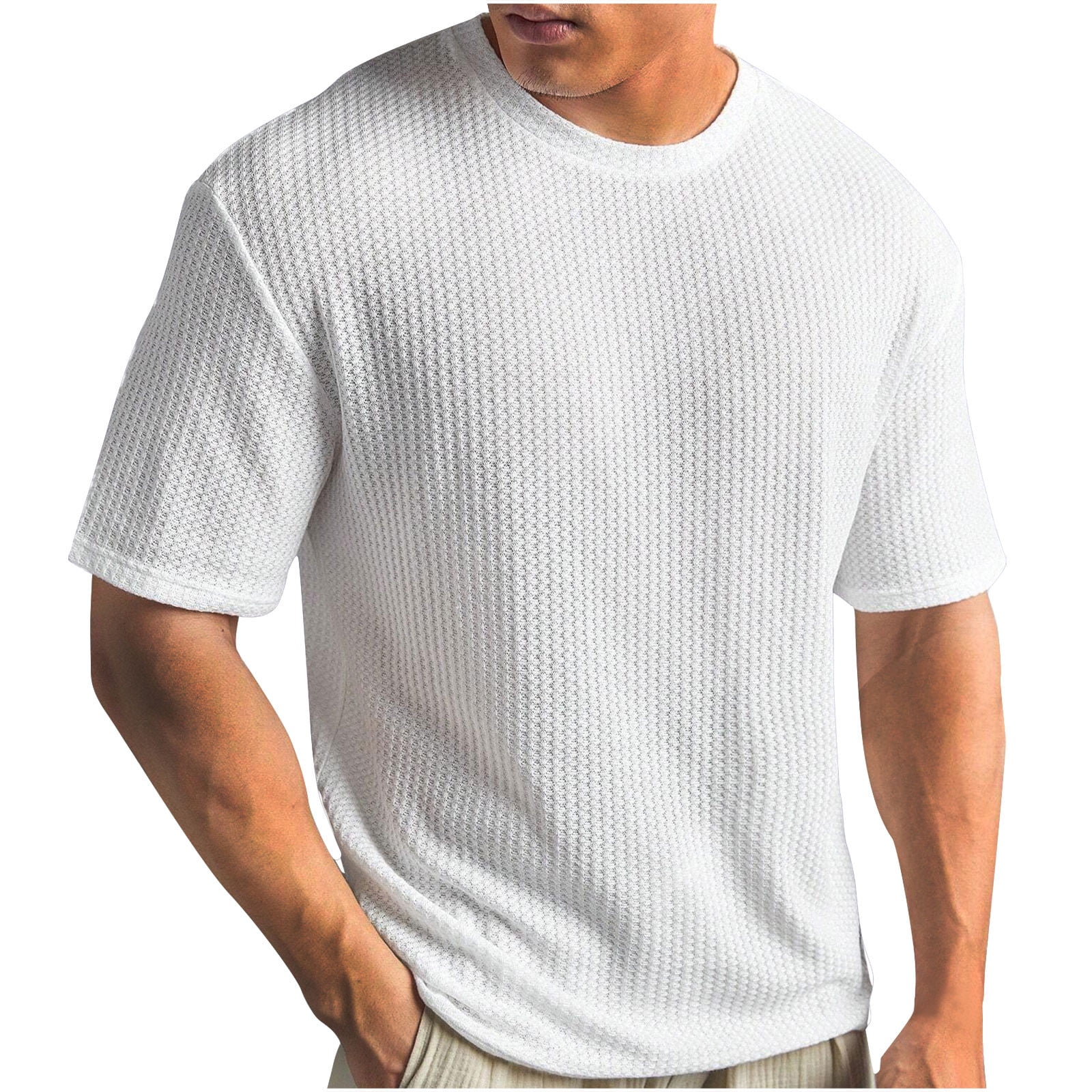 NoxwB Men's Summer Waffle Tee Slim Fit Short Sleeve Crew Neck Knit