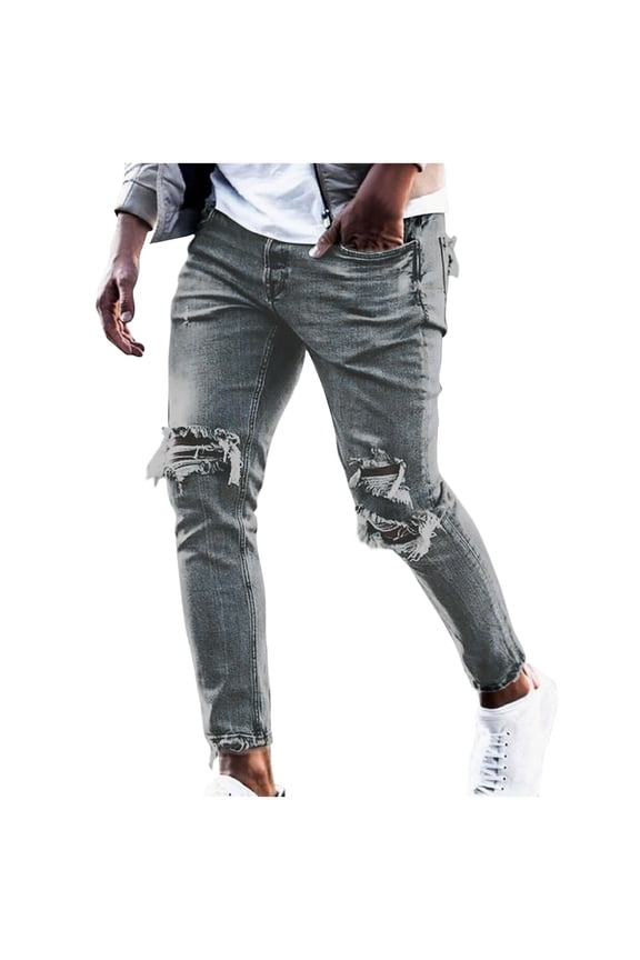 Men's Trendy Washed Ripped Holes Jeans Casual Hipster Streetwear Denim Pants Straight Leg Multi Pockets Trousers Blue XL