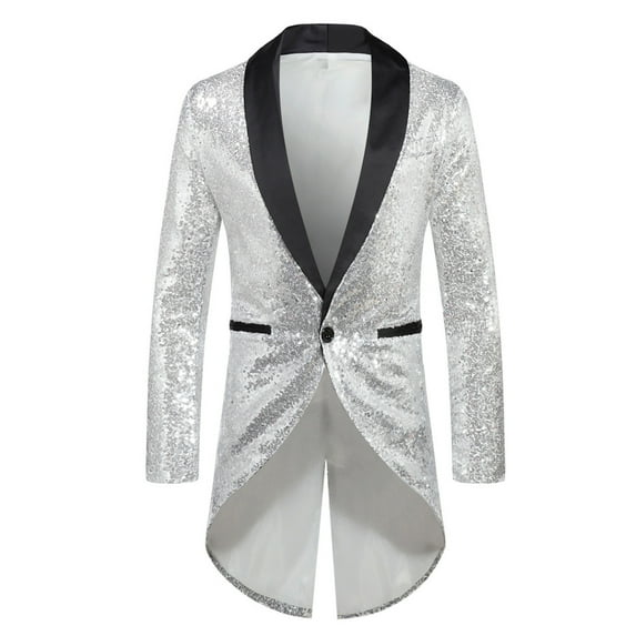 NoxwB Men's Vintage Disco Shiny Sequin Tailcoat Casual Nightclub Party Stage Performance Suit Tuxedo One-Button Long Sleeve Dress Jacket Silver L