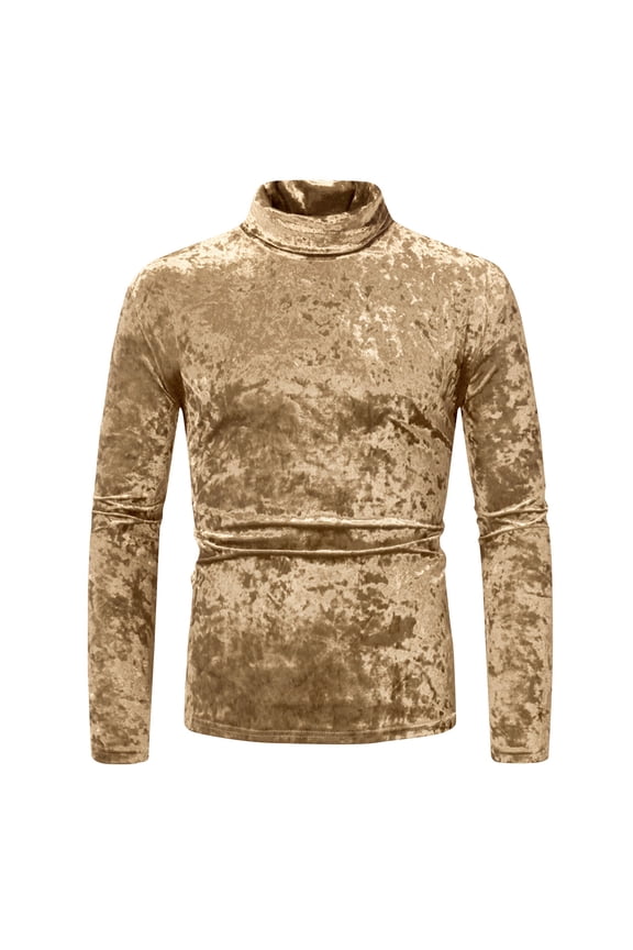 Men's Vintage Metallic Velvet Solid Color Slim Fit Pullover Casual Nightclub Party Prom T-Shirt Mock Turtleneck Long Sleeve Base Shirt Gold L