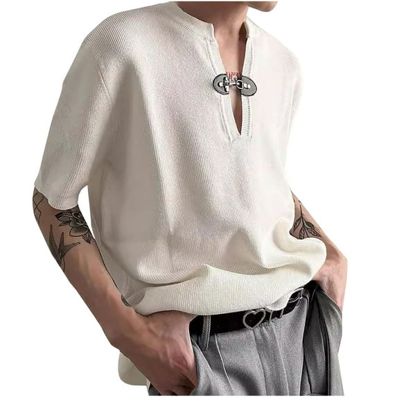 NoxwB Men's Vintage Renaissance Tunic Shirt Casual V-Neck Knit Top Short Sleeves Beach Dressy Casual Button Shirt White XXL
