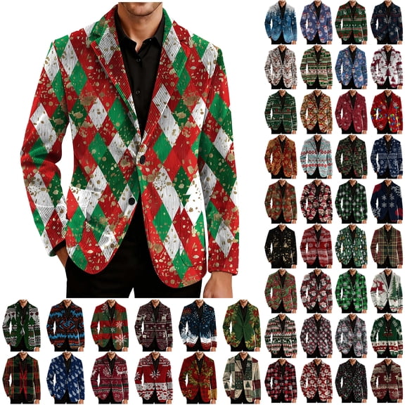 NoxwB Mens Christmas Corduroy Blazer Vintage Xmas Pattern Printed Long Sleeve Single Breasted One Button Notch Lapel Business Suit Jacket Trendy Holiday Slim Fit Casual Sport Coat with Pockets