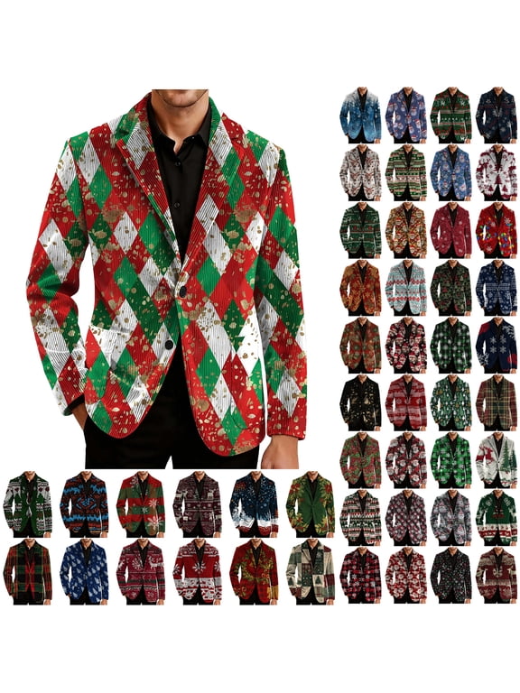 Mens Christmas Corduroy Blazer Vintage Xmas Pattern Printed Long Sleeve Single Breasted One Button Notch Lapel Business Suit Jacket Trendy Holiday Slim Fit Casual Sport Coat with Pockets