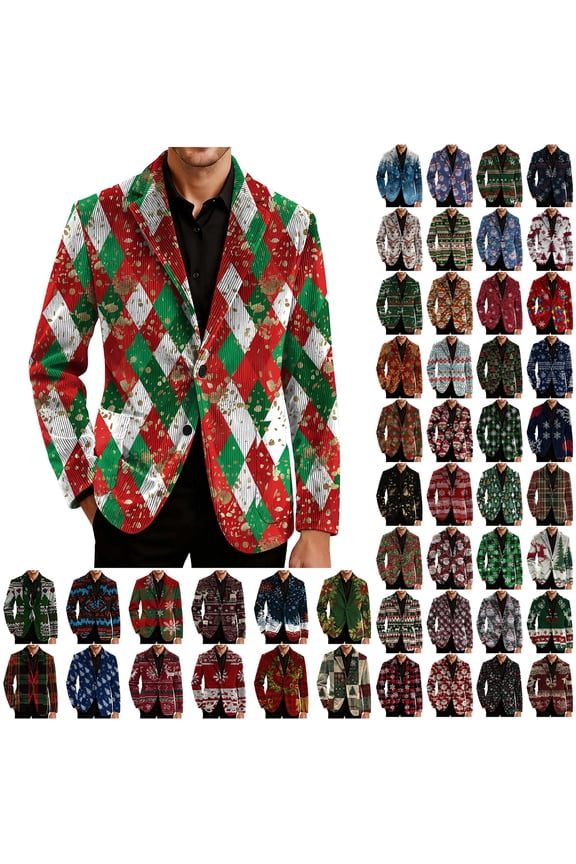 Mens Christmas Corduroy Blazer Vintage Xmas Pattern Printed Long Sleeve Single Breasted One Button Notch Lapel Business Suit Jacket Trendy Holiday Slim Fit Casual Sport Coat with Pockets