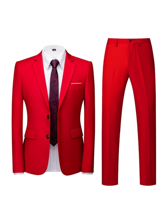 (XL-6XL)Men's Big and Tall Formal Dress Blazer&Trouser 2 PC Set Casual Wedding Business Suit Notched Lapel Single Breasted Long Sleeve Jacket & Straight Leg Pants Outfit Red 6XL