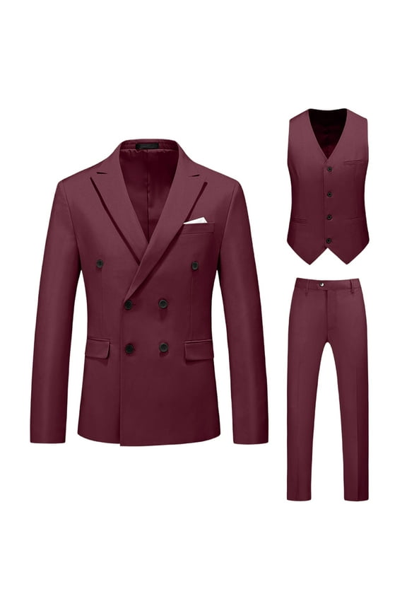 (XL-6XL)Men's Big and Tall Formal Dress Blazer&Waistcoat&Trouser 3 PC Set Casual Wedding Business Suit Stage Performance Outfit Wine 6XL