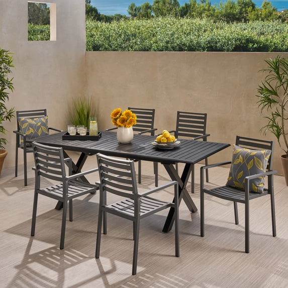 Noxx Outdoor 6 Seater Aluminum Dining Set with Expandable Table, Black and Gun Metal Gray