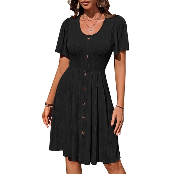 Noyal Button Down Dress for Women Short Sleeve Sundress Solid Color Casual Soft Summer A Line Swing Midi Dress