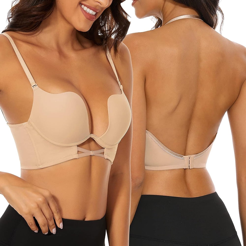 Noyal Deep Plunge Push Up Bra for Women Low Back Bra Wire Lifting Bra
