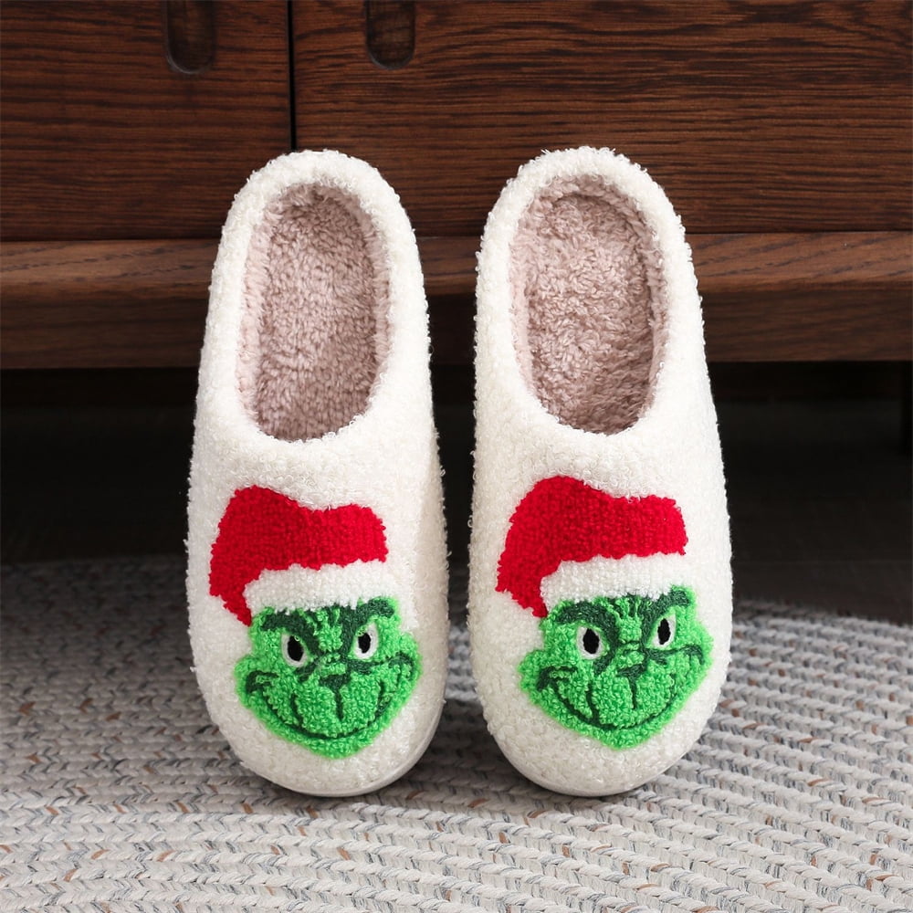 Noyal Grinch Slippers for Women, Cartoon Grinch Embroidery Soft Plush