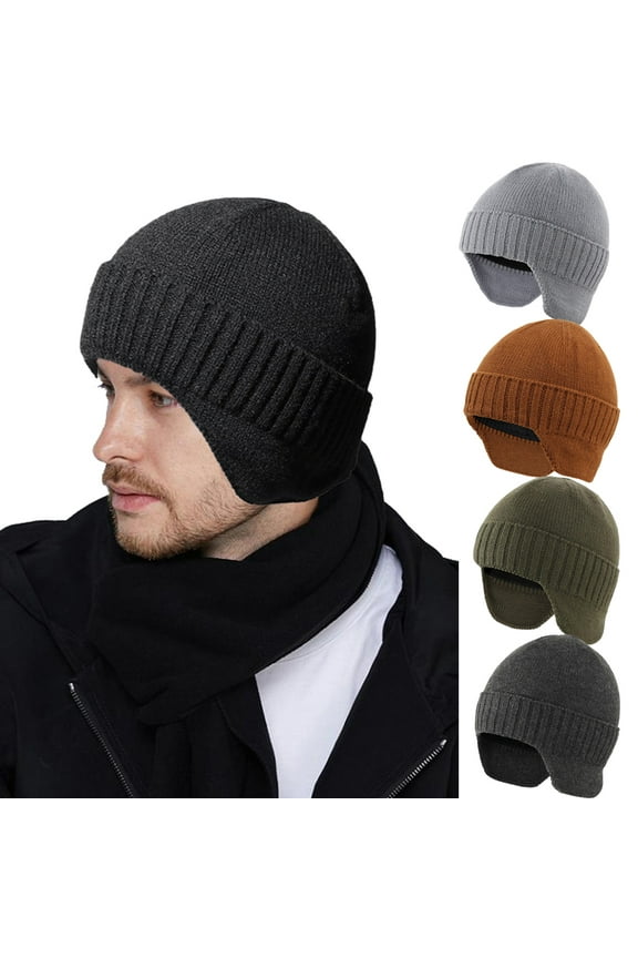 Mens Winter Knitted Earflap Hat Stocking Caps Fleece Beanie Hat With Ears Windproof Warm Cap,Black