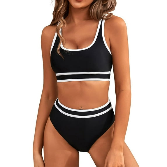 Noyal Padded Bikini Set for Women, High Waist Bathing Suit, Sporty Two Piece Swimsuit, Color Block Cheeky High Cut Bathing Suit Beachwear, Black