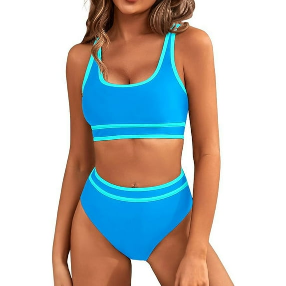 Noyal Padded Bikini Set for Women, High Waist Bathing Suit, Sporty Two Piece Swimsuit, Color Block Cheeky High Cut Bathing Suit Beachwear, Blue