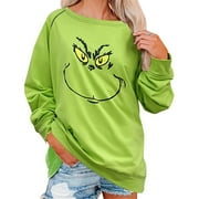 Noyal Christmas Grinch Pullover Green Monster Sweatshirt Women Stole Christmas Funny Pullover Grinch Face Long Sleeve Loose Sweatshirt