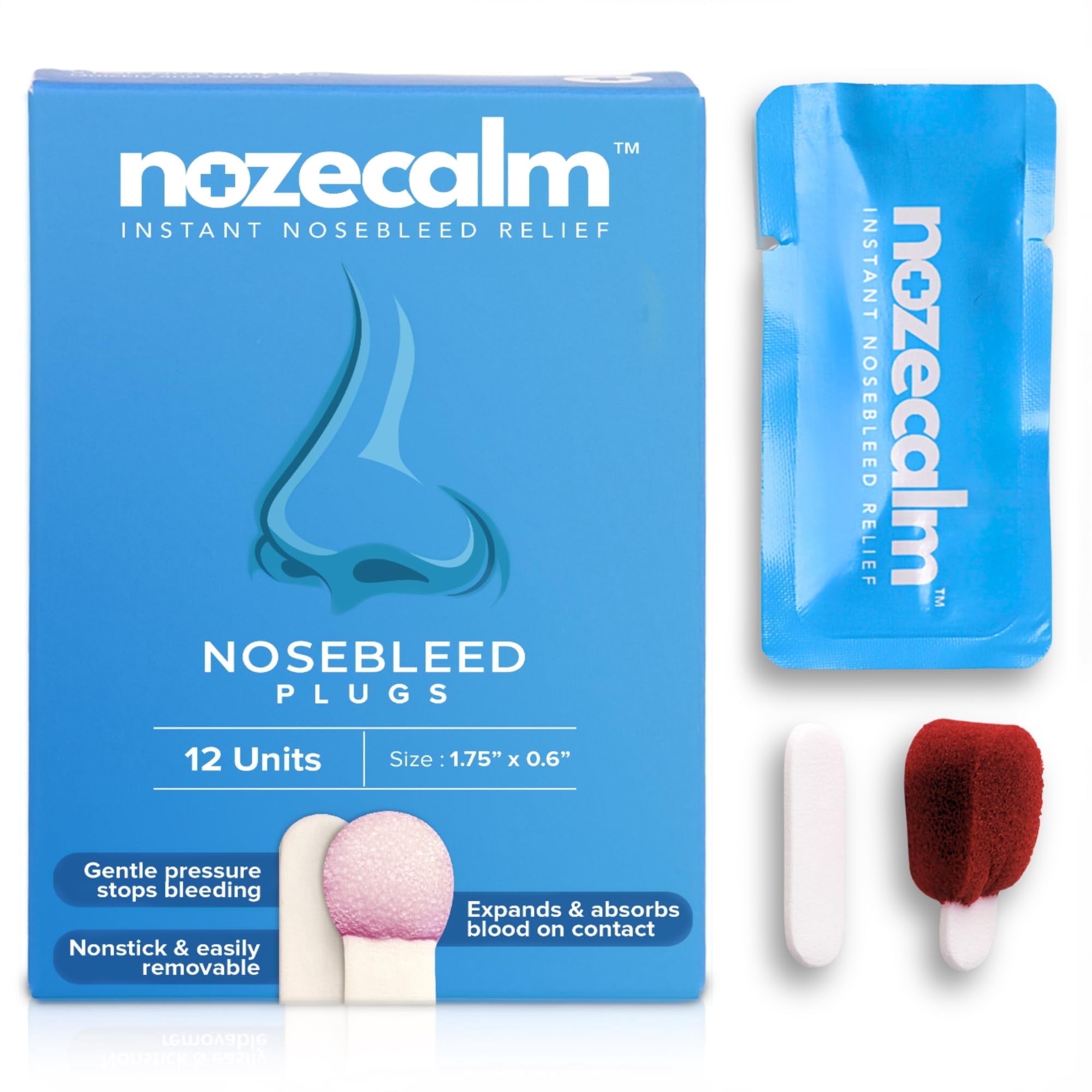NozeCalm Nose Bleed Stopper- 12 Counts - Nasal Plugs for Kids, Adults & Seniors, Fast-Acting Non-Stick Plugs - Zero-Chemical Bloody Nose Solution