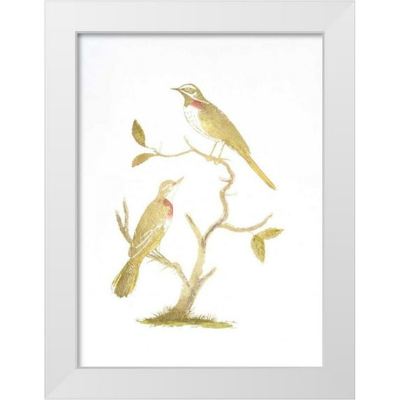 Nozeman 25x32 White Modern Wood Framed Museum Art Print Titled - Gold Foil Birds II with Hand Color