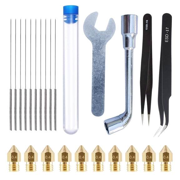 Nozzle Cleaning Kit for 3D Printers 10 Brass Nozzles, Precision Tweezers, Robust Cleaning Needles for Makerbot, Ender 2, CR-10