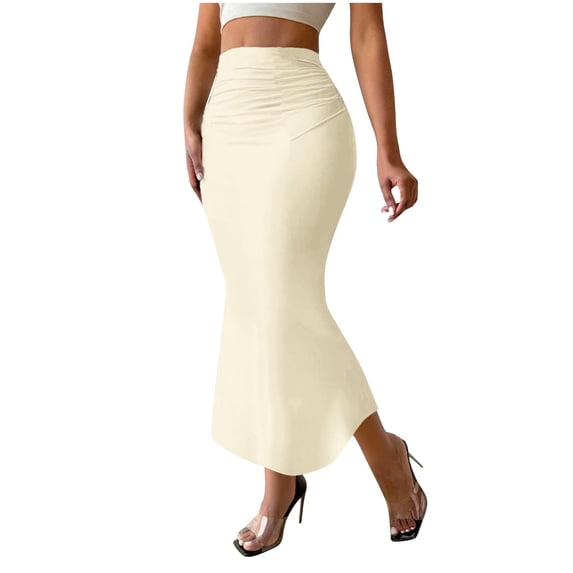 Npasoilc A-Line Midi Skirt for Women Fold Elastic Waist Solid Color Leisure Half Skirt