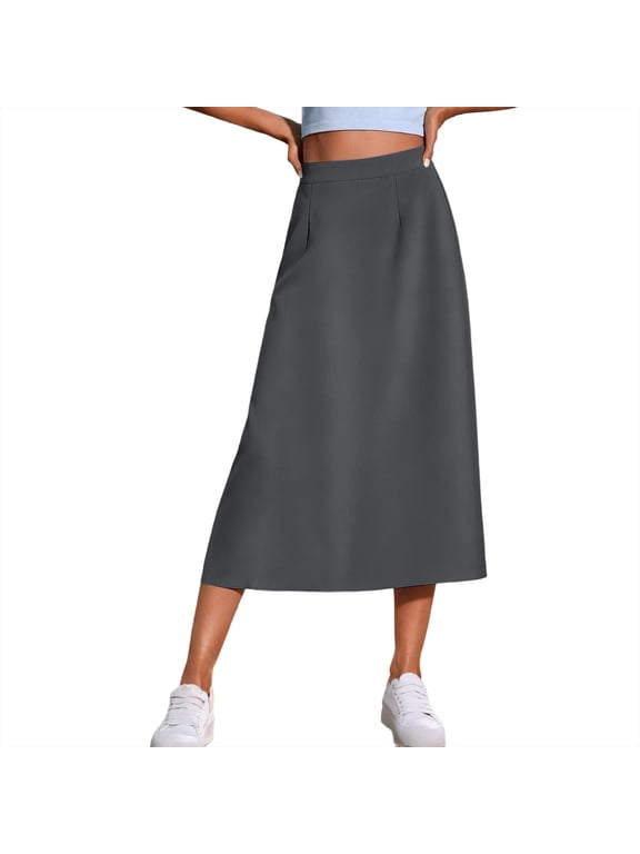 A-Line Midi Skirt for Women Summer Side Slit High Elastic Waist Solid Color Half Skirt
