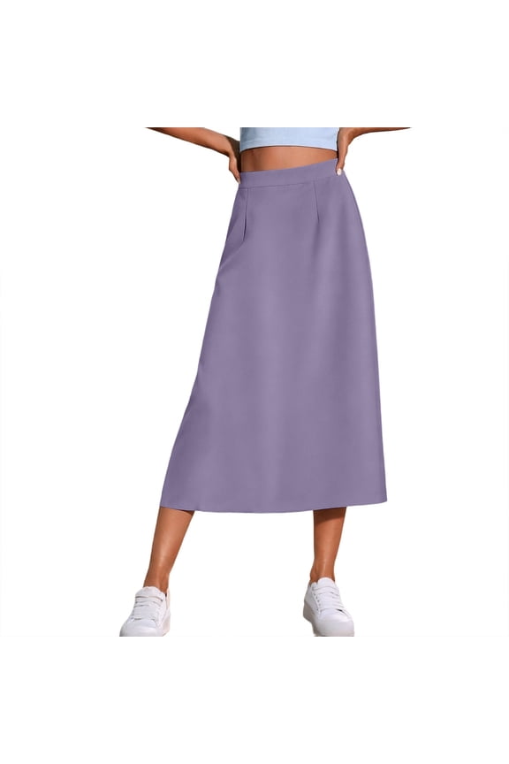 A-Line Midi Skirt for Women Summer Side Slit High Elastic Waist Solid Color Half Skirt