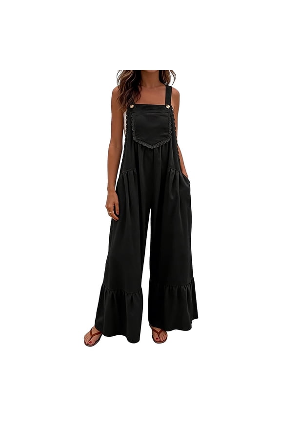 Adjustable Buckle Pocket Long Jumpsuits for Women Crew Neck Sleeveless Solid Color Overalls