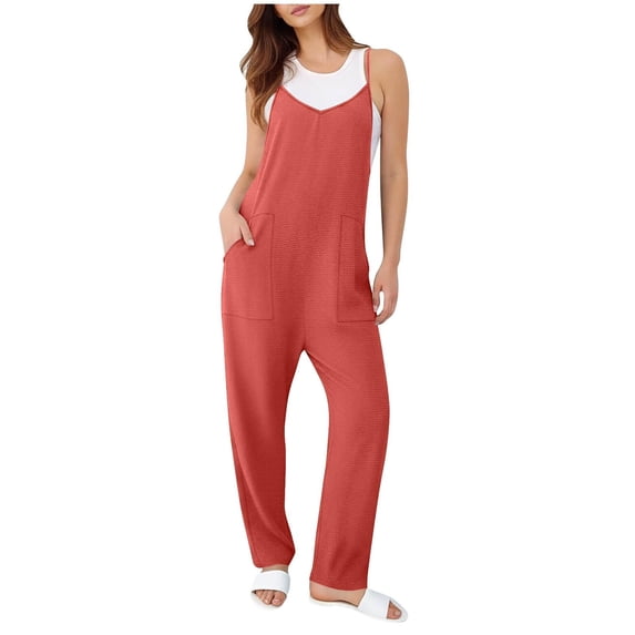 Npasoilc Adjustable Buckle V-Neck Pocket Long Jumpsuits for Women Sleeveless Solid Color Overalls