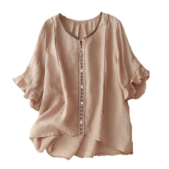 Npasoilc Autumn Tops for Women Vintage Cotton Linen 3/4 Sleeve Ruffle Cuff Round Neck Button Down Decorated Lightweight Blouse Solid Color Casual Loose T-Shirts