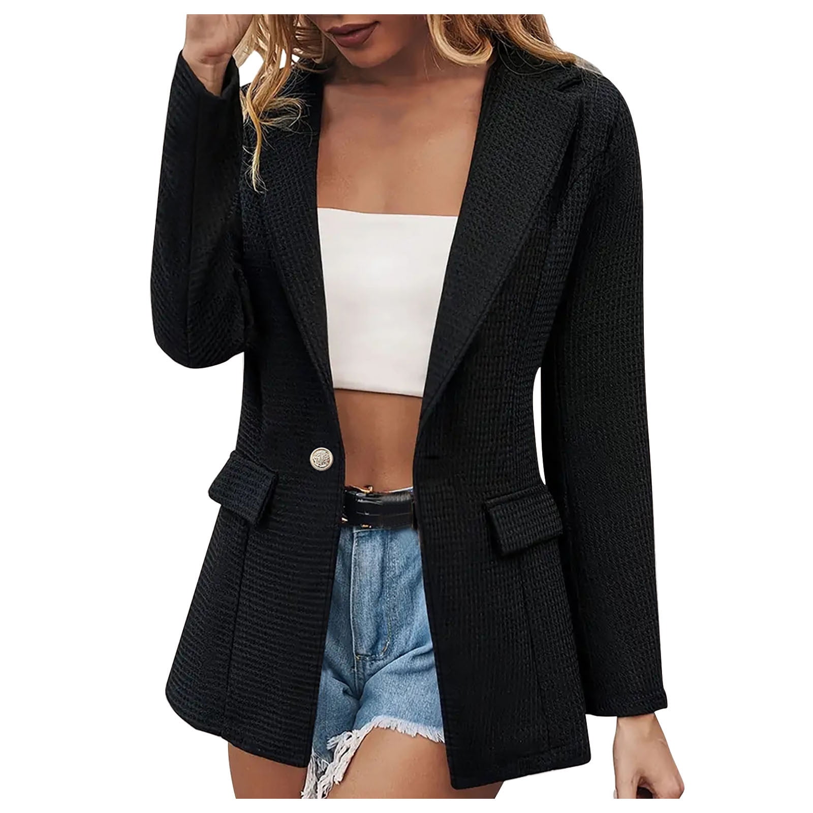 MINTLIMIT Women's Long Blazer Jacket - 3/4 Ruched Sleeve, Open Front, Slim Fit Work Blazer With Pockets (Black, L)