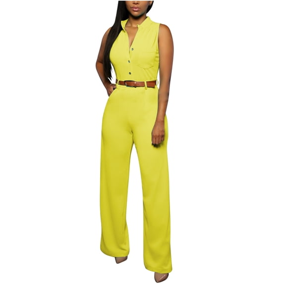 Npasoilc Button Belted Sleeveless Long Jumpsuits for Women Crew Neck Solid Color Summer Pants