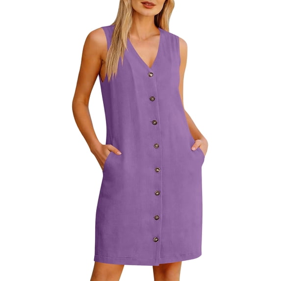 Npasoilc Button Front Linen Pocket Dresses for Women Sleeveless V-Neck Loose A-Line Mini Dress