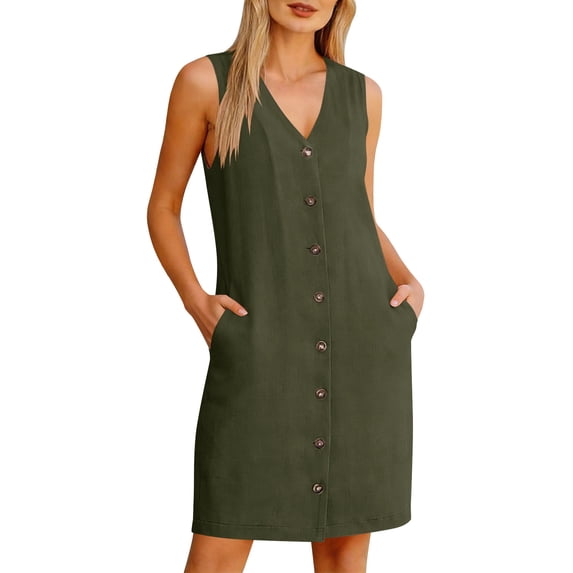 Npasoilc Button Front Linen Pocket Dresses for Women Sleeveless V-Neck Loose A-Line Mini Dress