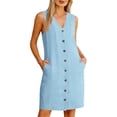 thumbnail image 1 of Npasoilc Button Front Linen Pocket Dresses for Women Sleeveless V-Neck Loose A-Line Mini Dress, 1 of 8
