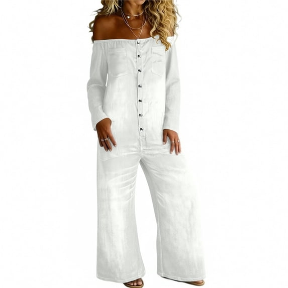Npasoilc Button Multiple Pockets Long Sleeve Denim Look Jumpsuits for Women Crew Neck Long Sleeve
