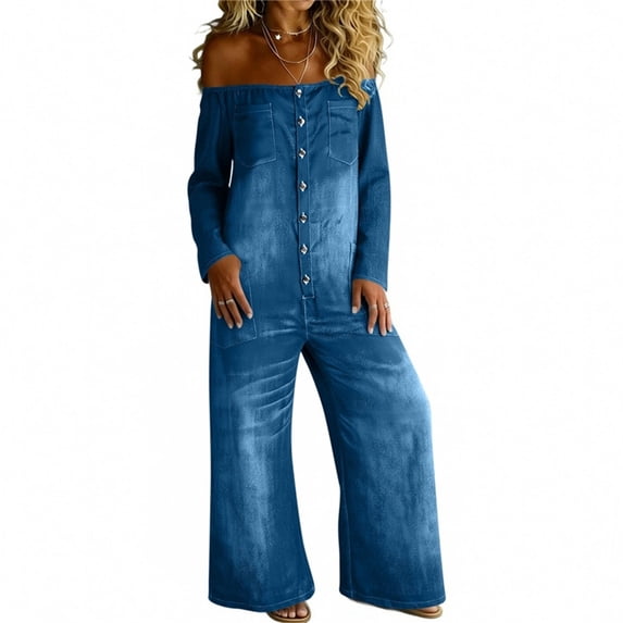 Npasoilc Button Multiple Pockets Long Sleeve Denim Look Jumpsuits for Women Crew Neck Long Sleeve