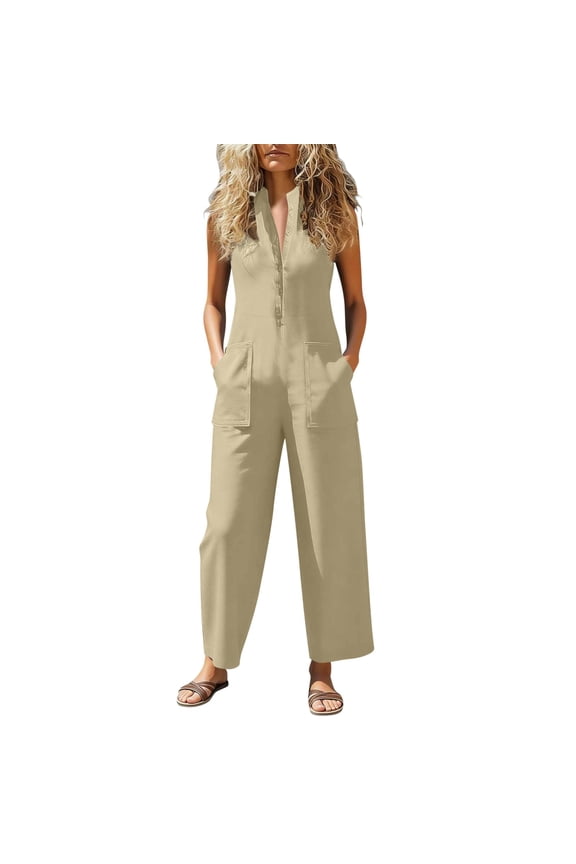 Button Pocket Linen Jumpsuits for Women Crew Neck Sleeveless Solid Color Long Pants