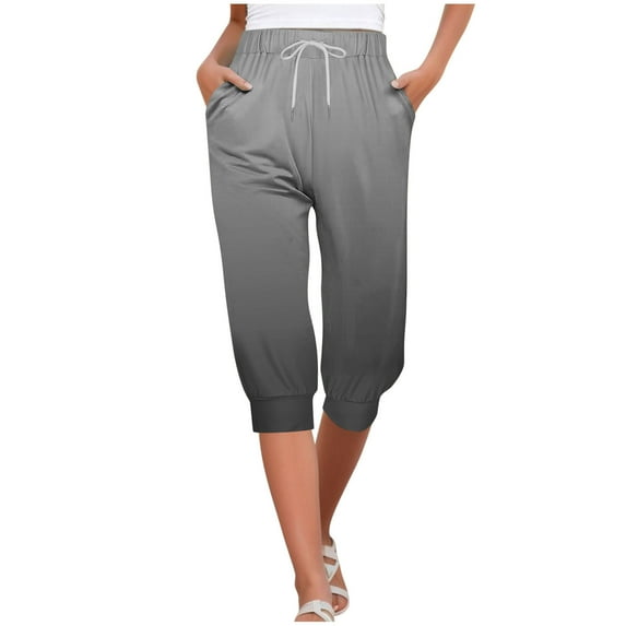 Npasoilc Capri Pants for Women Drawsrting Elastic Waist Taper Leg Breathable Trendy Casual Loose Pants with Pockets