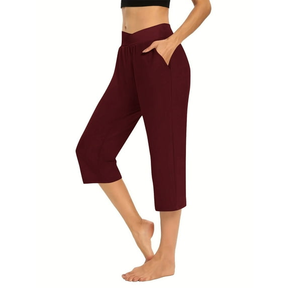 Npasoilc Capri Pants for Women Waistline V-Cut Cropped Pants Straight Leg Comfort Stretchy Pants Casual Loose Yoga Sports Pants