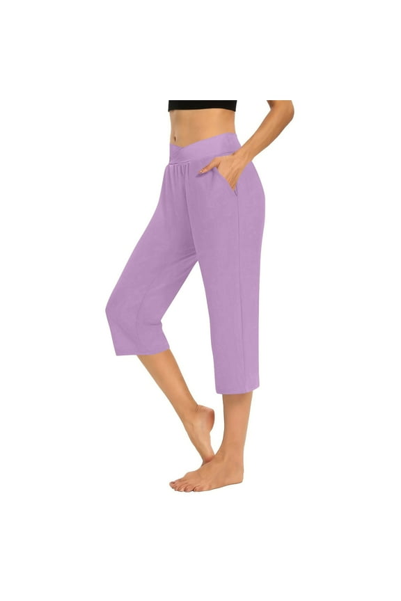 Capri Pants for Women Waistline V-Cut Cropped Pants Straight Leg Comfort Stretchy Pants Casual Loose Yoga Sports Pants