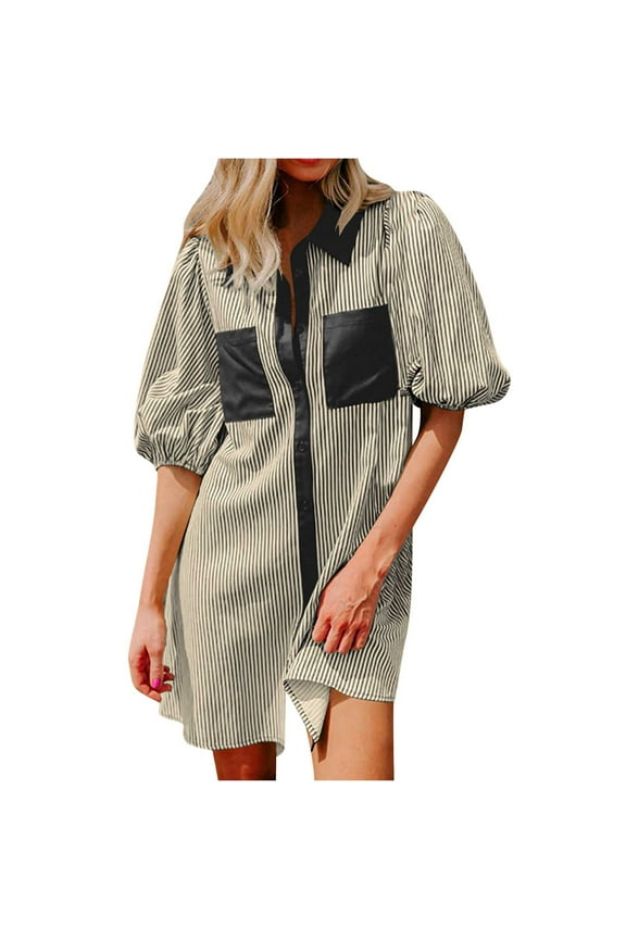 Cardigan Dress for Women V-Neck Short Sleeve Lapel Midi Button Up Dress Casual Loose Short Skirt with Pockets