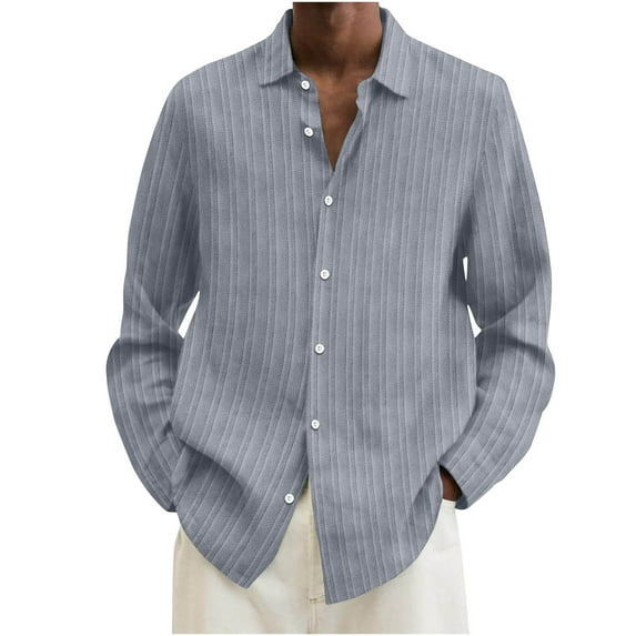 Npasoilc Cardigan Tops for Men Cotton Linen Long Sleeve Button Down Turn Down Collar Strip Textured Blouse Solid COlor Casual Loose Shirts